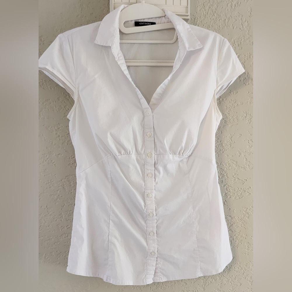 White Fitted Cap Sleeve Button Down Shirt